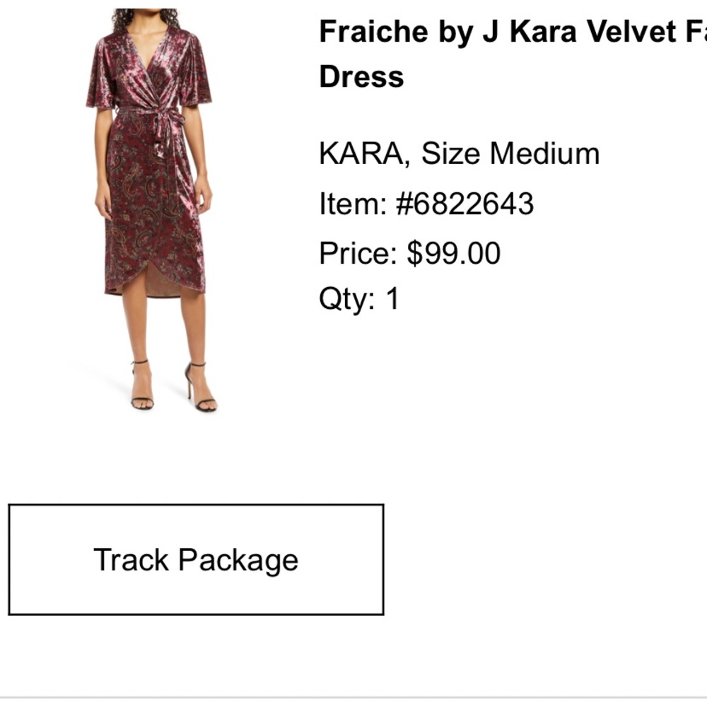 velvet cocktail/wedding guest wrap dress, purple/red print